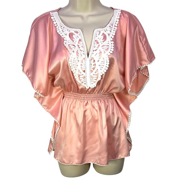 Vintage y2k IZ Byer medium crochet coquette cottage pink peach flutter babydoll - Picture 1 of 10